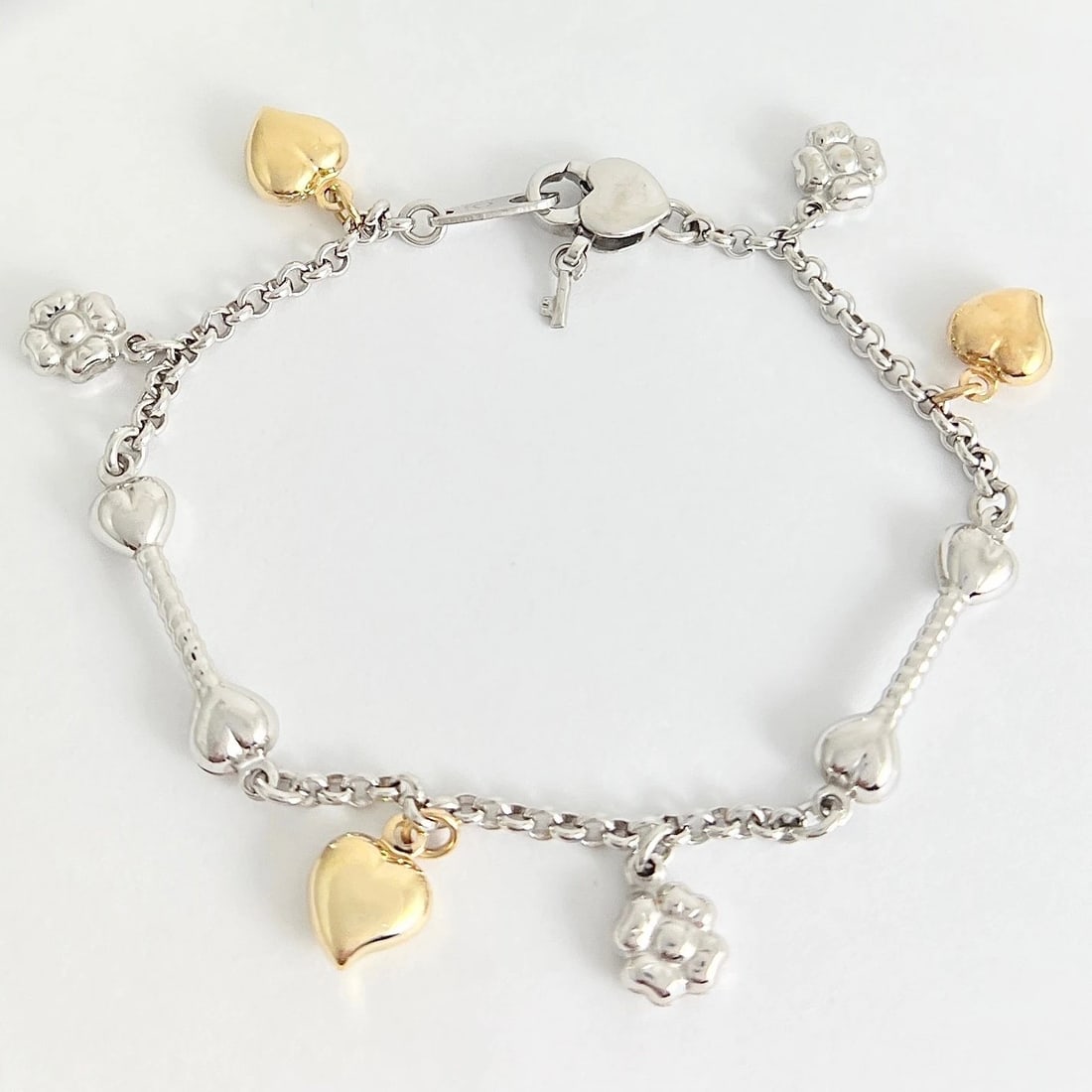 Italian Two-Tone Heart Flower Charm Bracelet 14K White and Yellow Gold, 8.23 Gr - 8