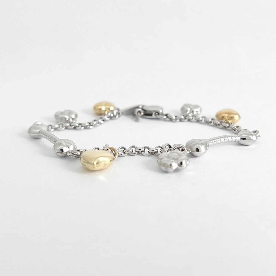 Italian Two-Tone Heart Flower Charm Bracelet 14K White and Yellow Gold, 8.23 Gr - 9