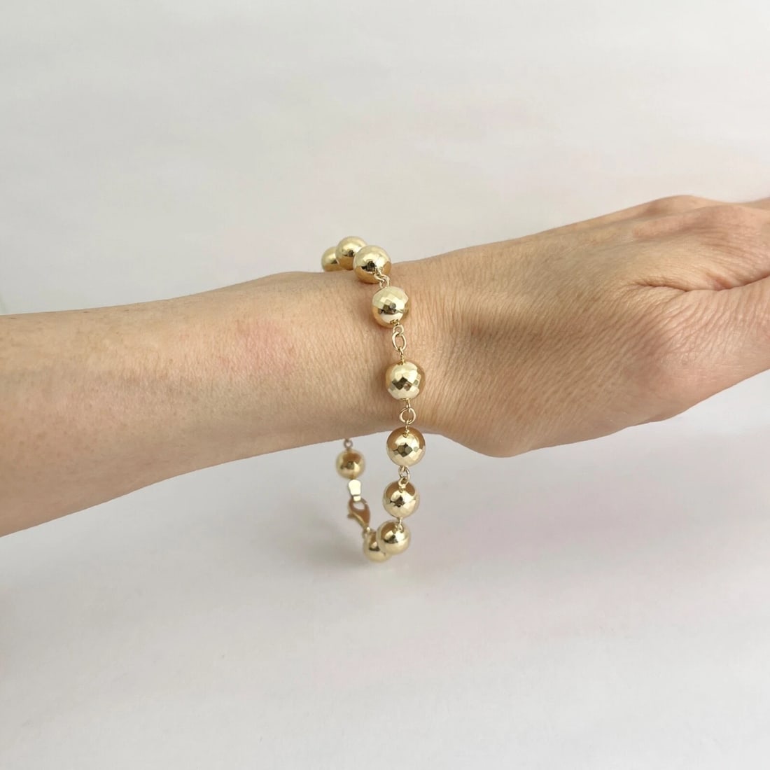 Long Disco Ball Bead Chain Link Bracelet 14K Yellow Gold, 8 Inches, 8.59 Grams - 4