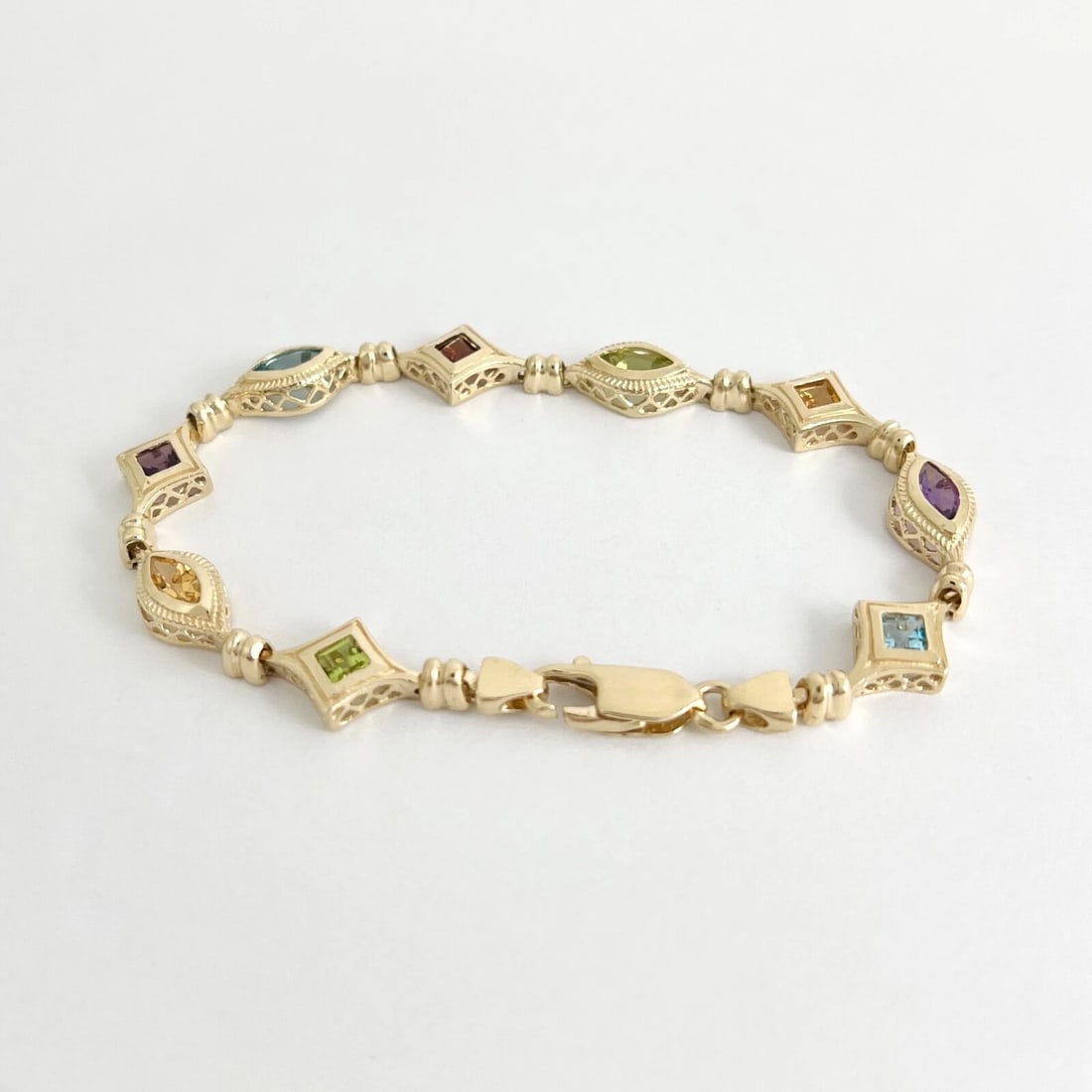 Multicolored Gemstone Chain Link Tennis Bracelet 14K Yellow Gold, 10.61 Grams - 10