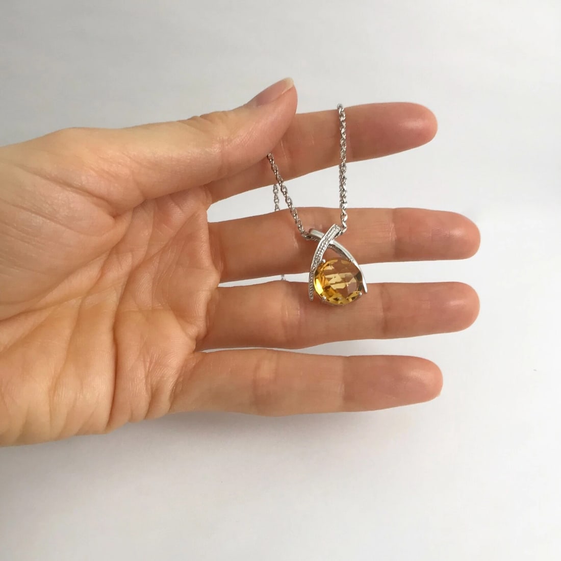 Italian Round Orange Citrine Diamond Pendant Necklace 14K White Gold, 6.39 Grams - 3