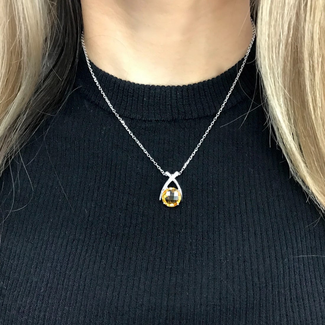 Italian Round Orange Citrine Diamond Pendant Necklace 14K White Gold, 6.39 Grams - 5