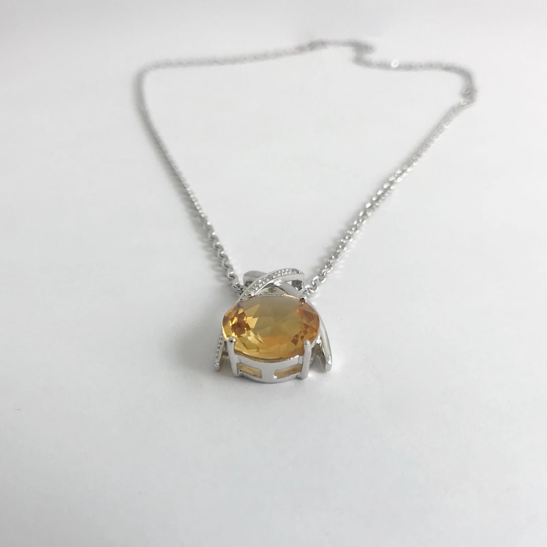 Italian Round Orange Citrine Diamond Pendant Necklace 14K White Gold, 6.39 Grams - 6