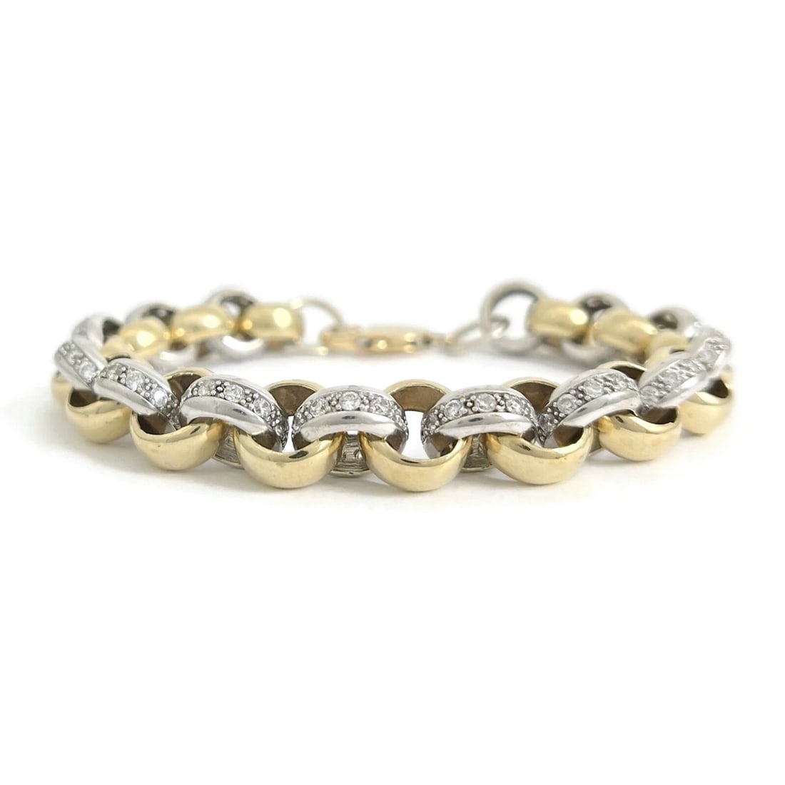 Estate Two-Tone CZ Cubic Zirconia Rolo Bracelet 10K Yellow Gold, 38.27 Grams: Vintage Two-Tone CZ Cubic Zirconia Rolo Bracelet 10K Yellow Gold, 38.27 Grams This is a beautiful and unique bracelet. Please let us know if you have any questions. Gemstones: 154 round cubic