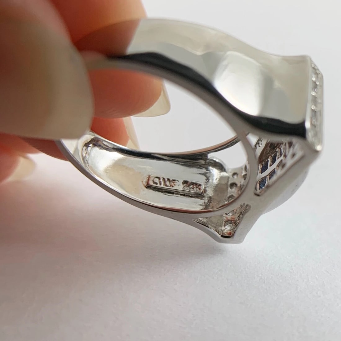 Princess Blue Sapphire Diamond Flat Top Statement Ring 14K White Gold, 5.61 Gram - 10
