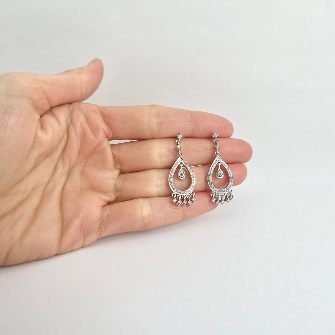 Diamond Teardrop Fringe Dangle Drop Earrings 14K White Gold, .65 CTW - 2