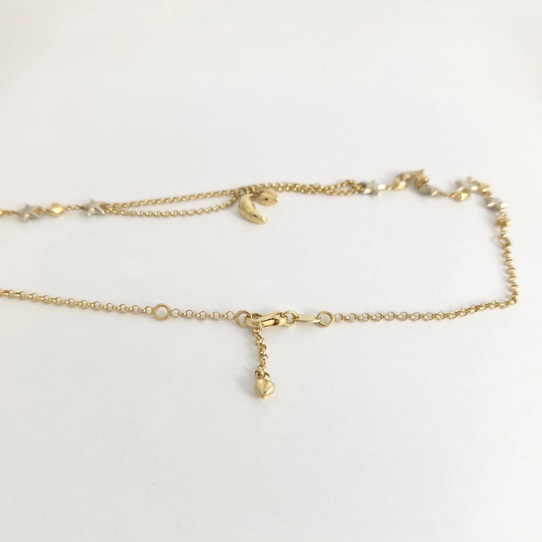 Italian Estate Two-Tone Moon Heart Stars Chain Necklace 14K Yellow Gold, 7.67 Gr - 7