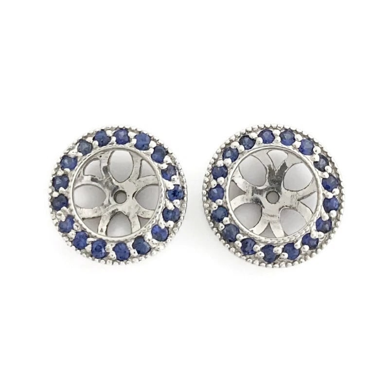 Round Sapphire Halo Earring Jackets Enhancers 14K White Gold for 1.50 CTW Stud: Round Sapphire Halo Earring Jackets Enhancers 14K White Gold for 1.50 CTW Stud These are beautiful earring jackets to enhance your diamond or gemstone studs! Stud Size: for round 1.50 ctw (.75 ct