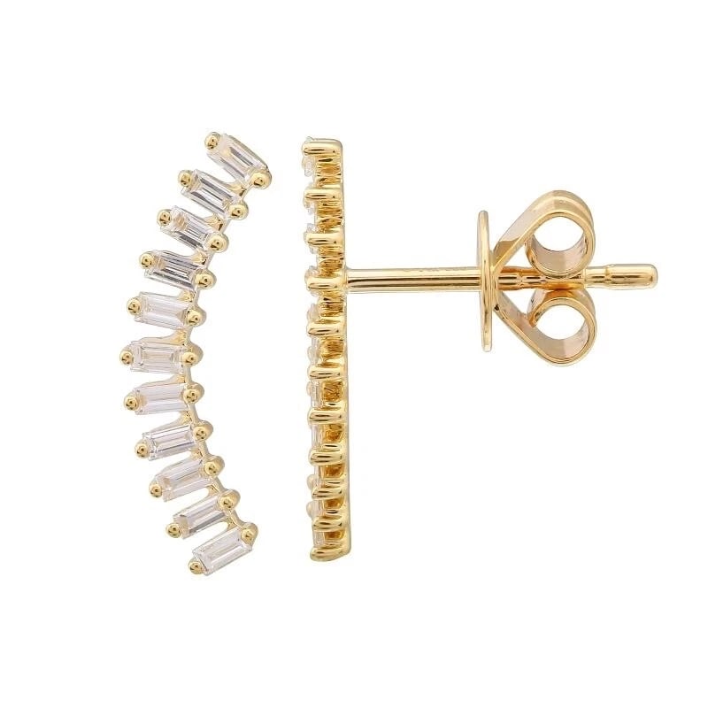 Curved Baguette Diamond Bar Crawler Climber Stud Earrings 14K Yellow Gold .30 TW: Curved Baguette Diamond Bar Crawler Climber Stud Earrings 14K Yellow Gold .30 TW These are gorgeous earrings! Diamonds: 22 baguettes, .30 ctw, F-G, VS2-SI1 Metal: 14K yellow gold Weight: 1.17 grams
