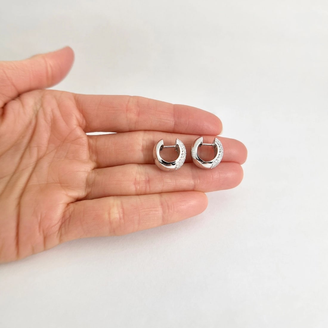 Wide Pave Diamond Small Hoop Huggie Earrings 14K White Gold, 1.21 CTW - 4