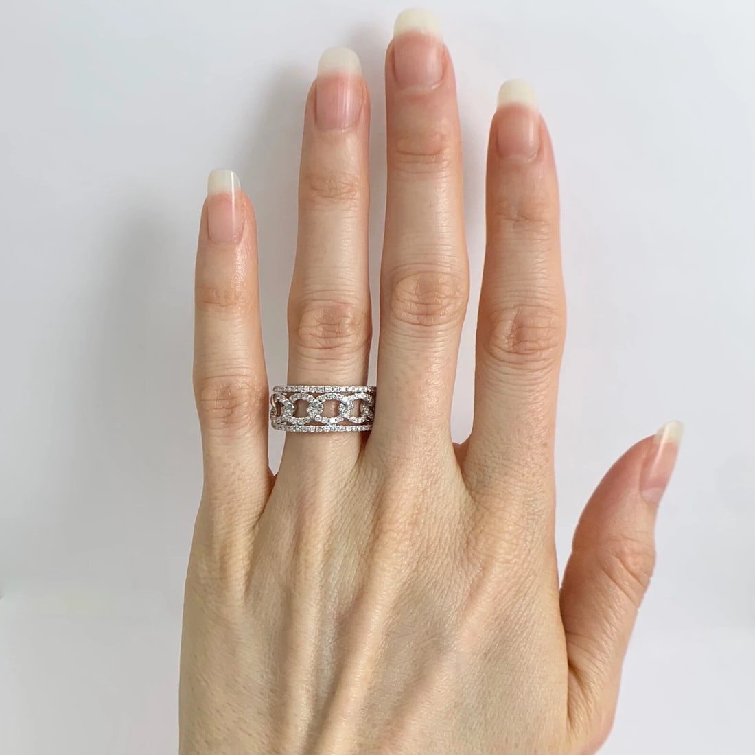 Wide Open Oval Link Pave Diamond Ring Statement Band 14K White Gold, 1.10 CTW - 3