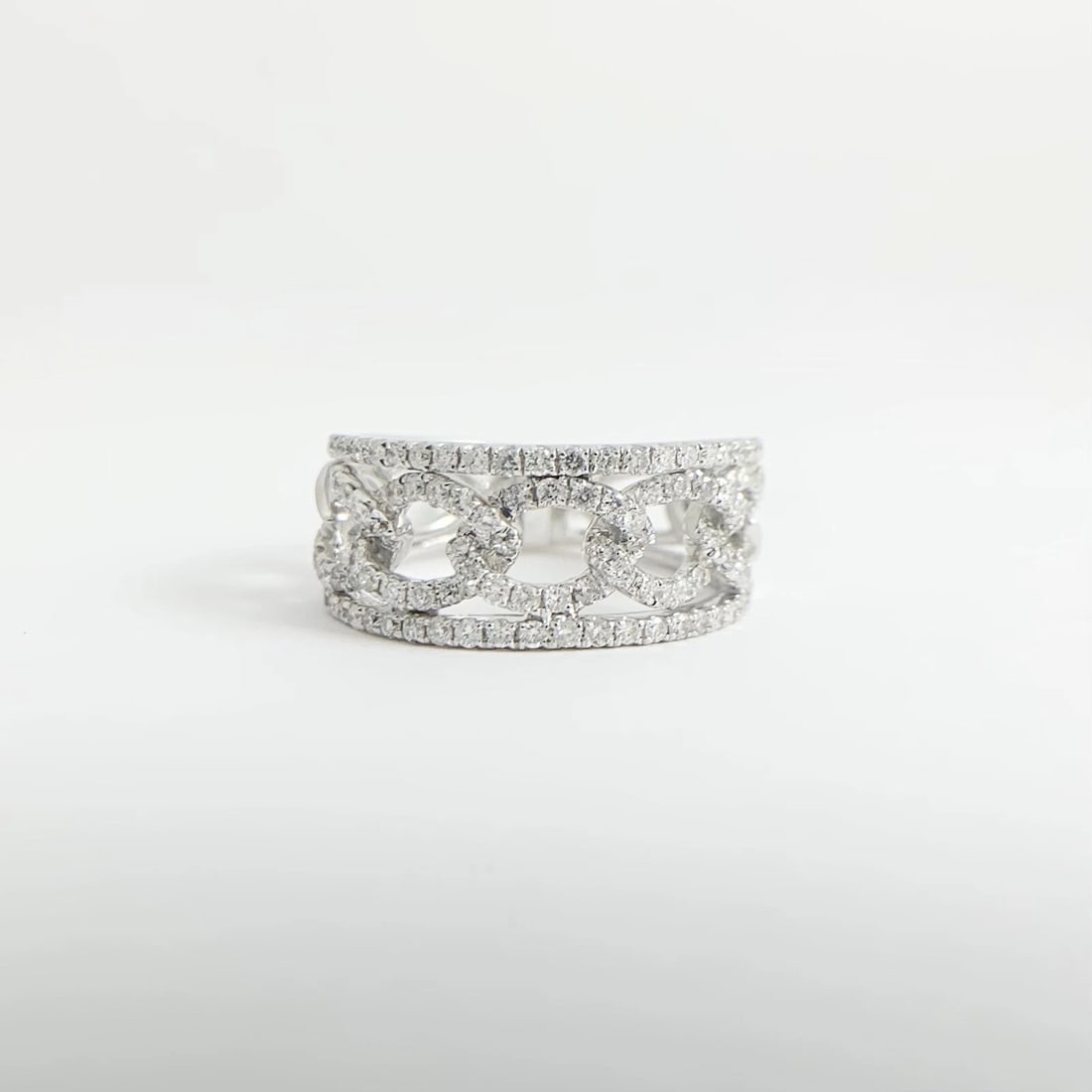 Wide Open Oval Link Pave Diamond Ring Statement Band 14K White Gold, 1.10 CTW - 7