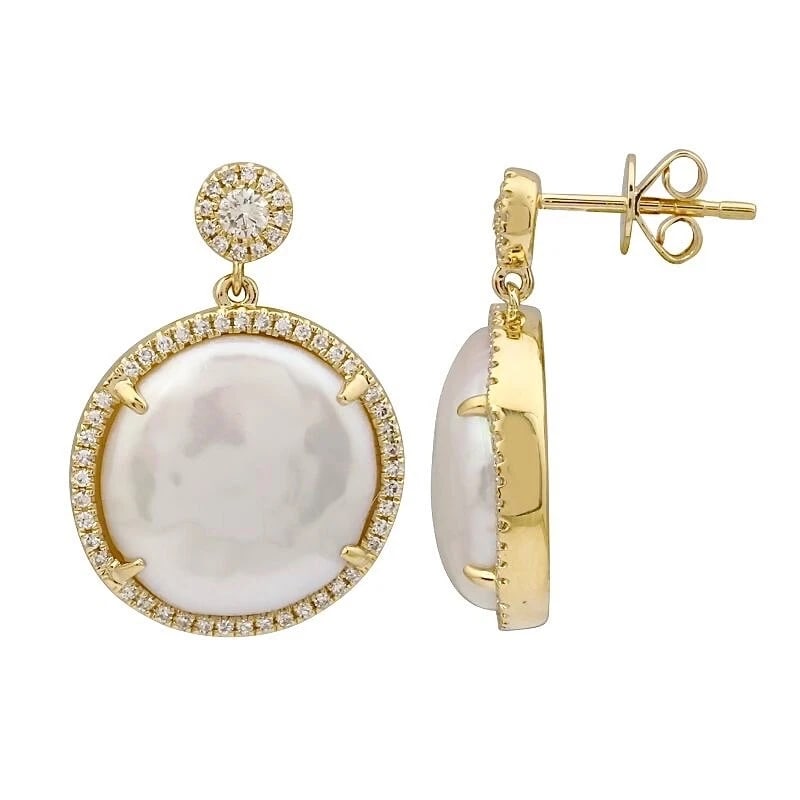 Mabe Pearl Diamond Halo Dangle Drop Earrings 14K Yellow Gold, .45 CTW (1 of 5)