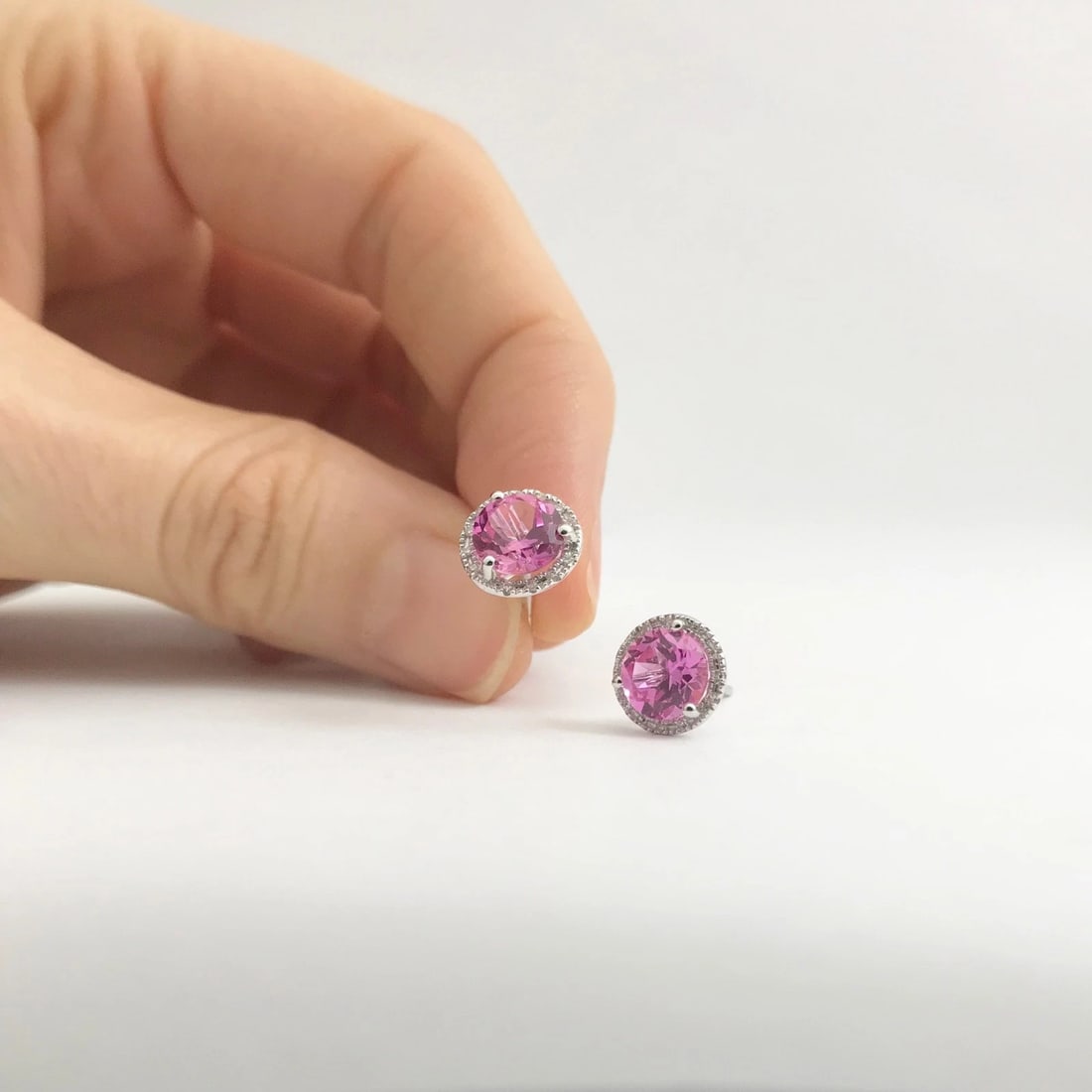 Round Pink Topaz Diamond Halo Gemstone Stud Earrings 14K White Gold, 2.34 CTW - 5