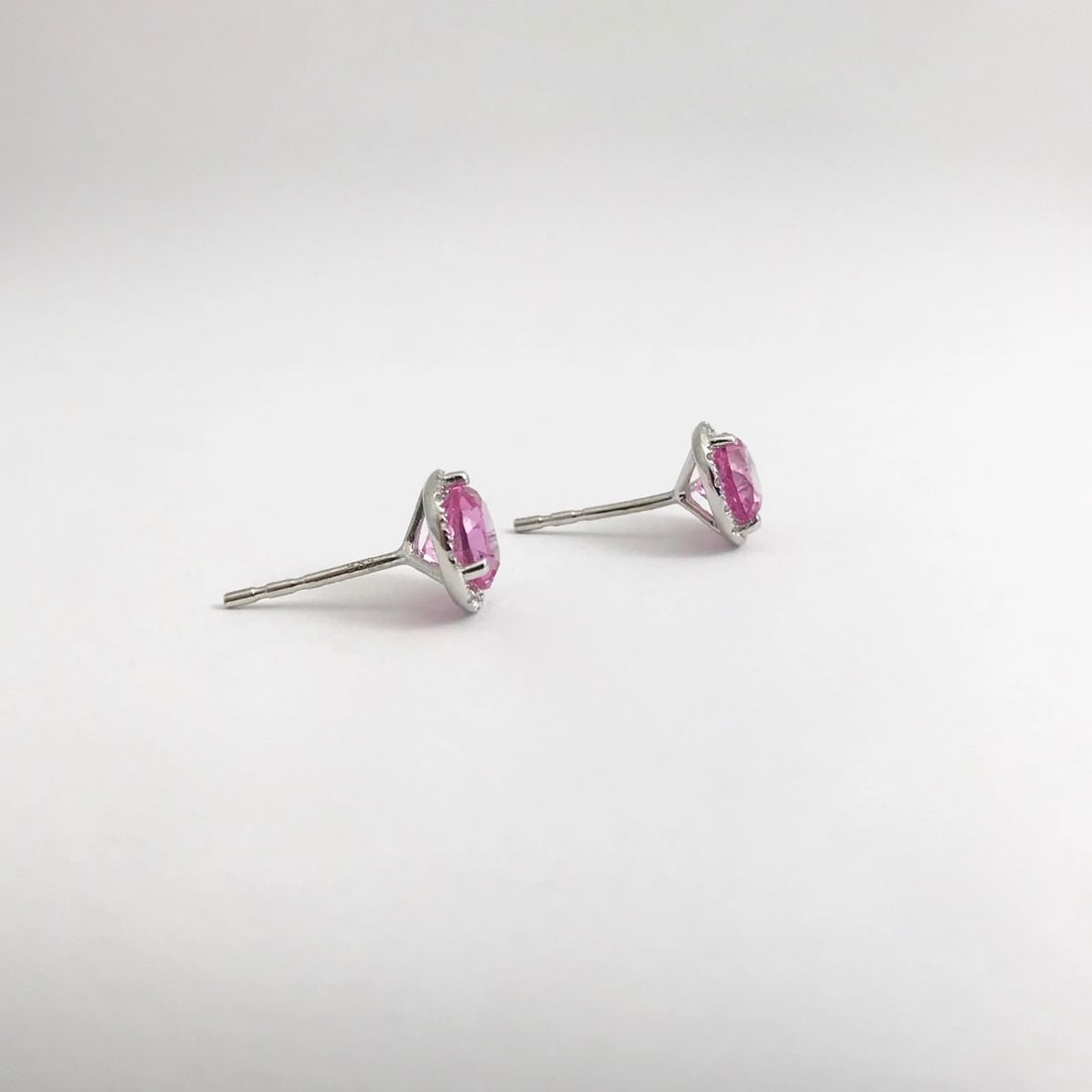 Round Pink Topaz Diamond Halo Gemstone Stud Earrings 14K White Gold, 2.34 CTW - 9