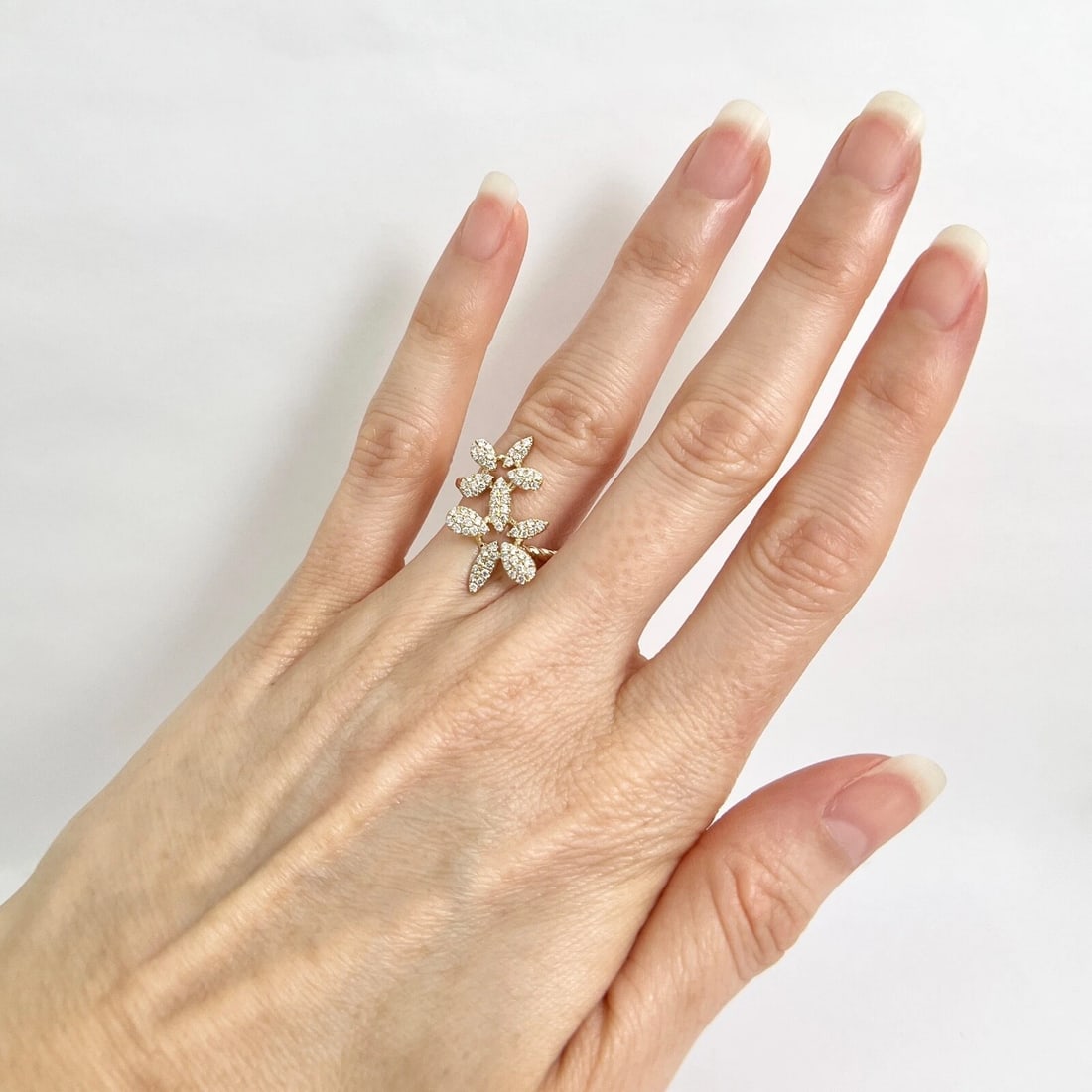 Pave Diamond Flower Floral Statement Ring 14K Yellow Gold, Size 6.75, .46 CTW - 4