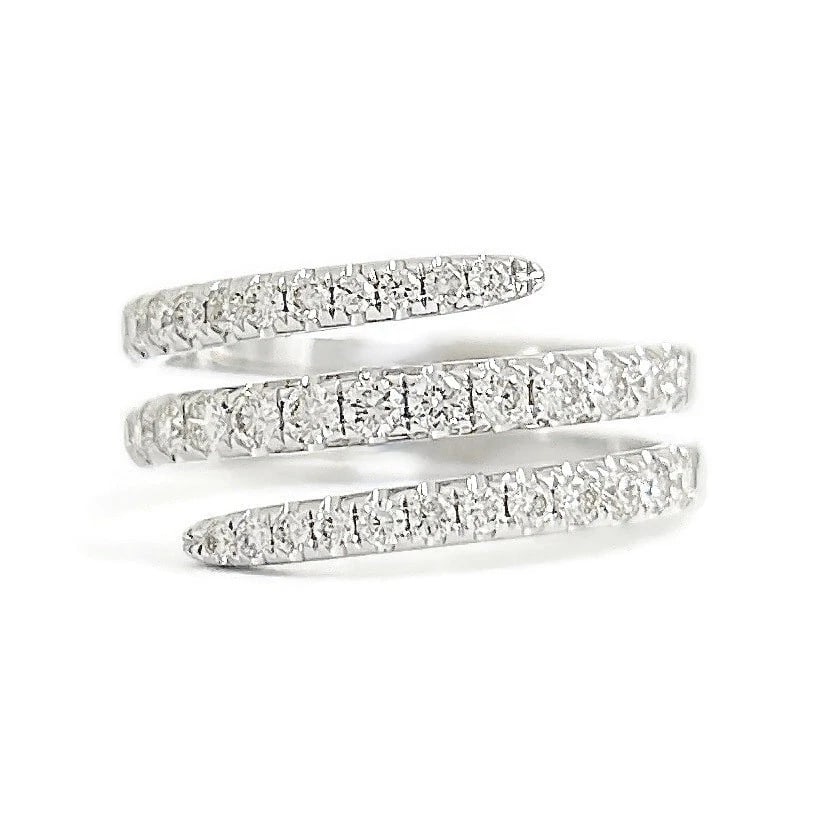 Diamond Spiral Crossover Wrap Bypass Statement Ring 14K White Gold .76 CTW: Diamond Spiral Crossover Wrap Bypass Statement Ring 14K White Gold .76 CTW This is a lovely ring. Diamonds: 38 round brilliant cuts .76 ctw; H, SI1 Metal: 14K white gold Weight: 4.25 grams Stamped: