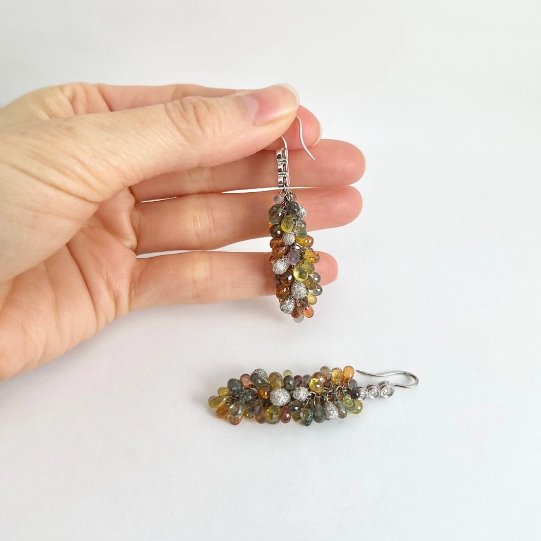 Multicolored Sapphire Diamond Dangle Drop Earrings 18K White Gold, 47.95 CTW - 5