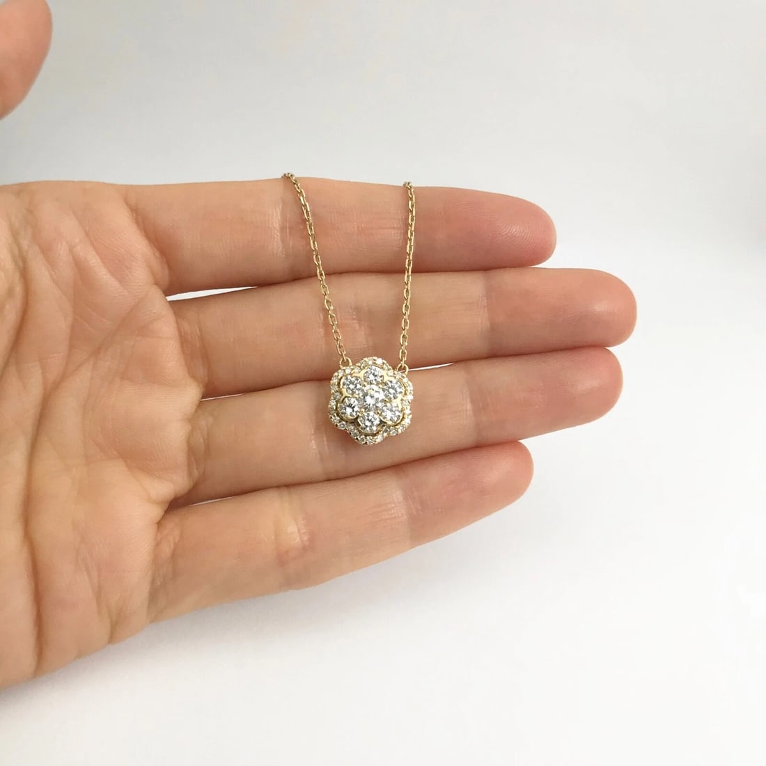 Round Diamond Flower Cluster Halo Pendant Necklace 14K Yellow Gold, .93 CTW - 4