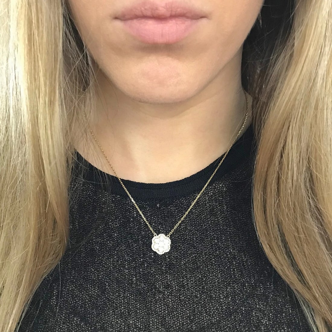 Round Diamond Flower Cluster Halo Pendant Necklace 14K Yellow Gold, .93 CTW - 5