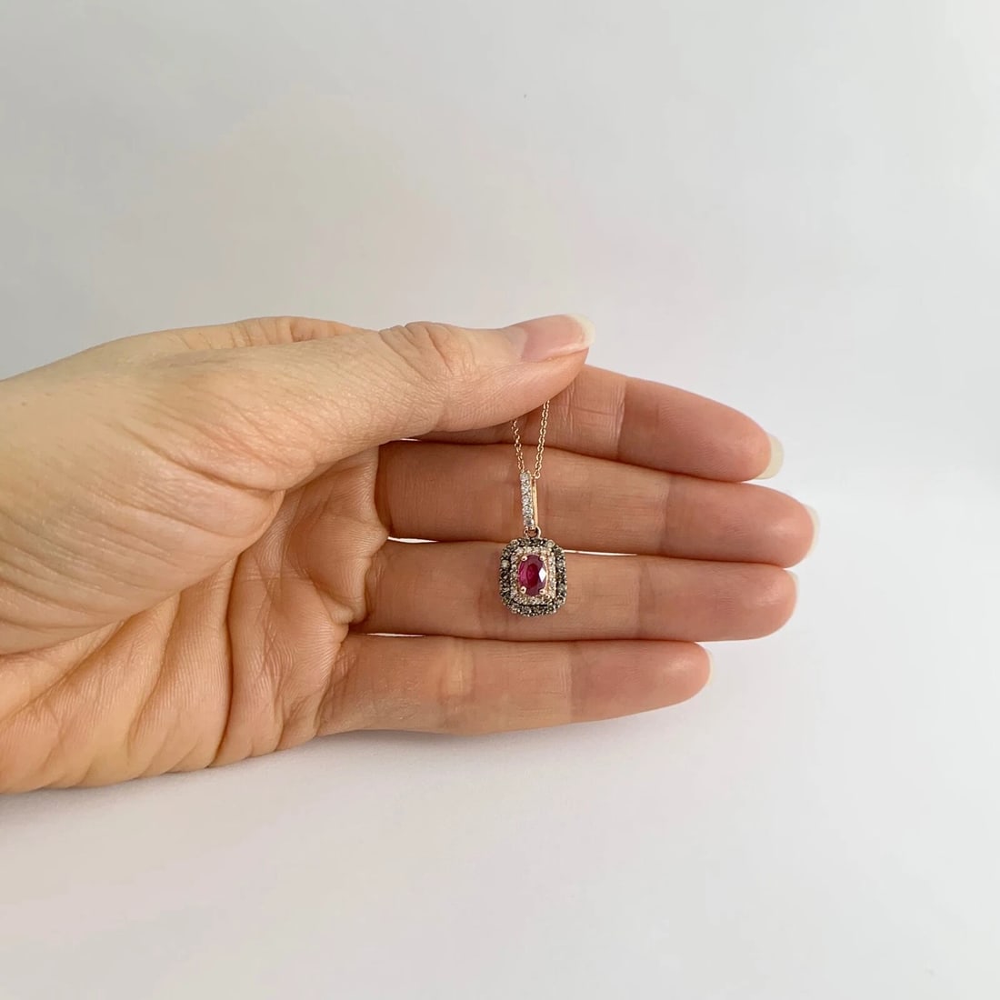 Ruby Cognac Diamond Black Rhodium Double Halo Pendant Necklace 14K Rose Gold - 3