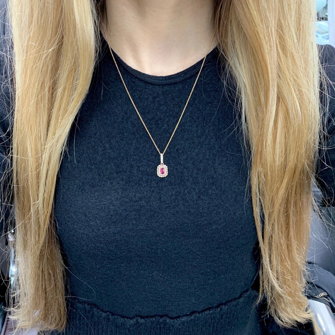 Ruby Cognac Diamond Black Rhodium Double Halo Pendant Necklace 14K Rose Gold - 5