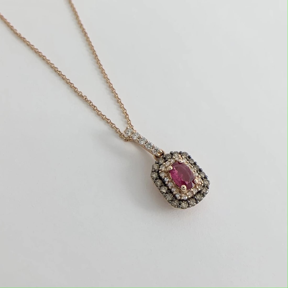Ruby Cognac Diamond Black Rhodium Double Halo Pendant Necklace 14K Rose Gold - 6