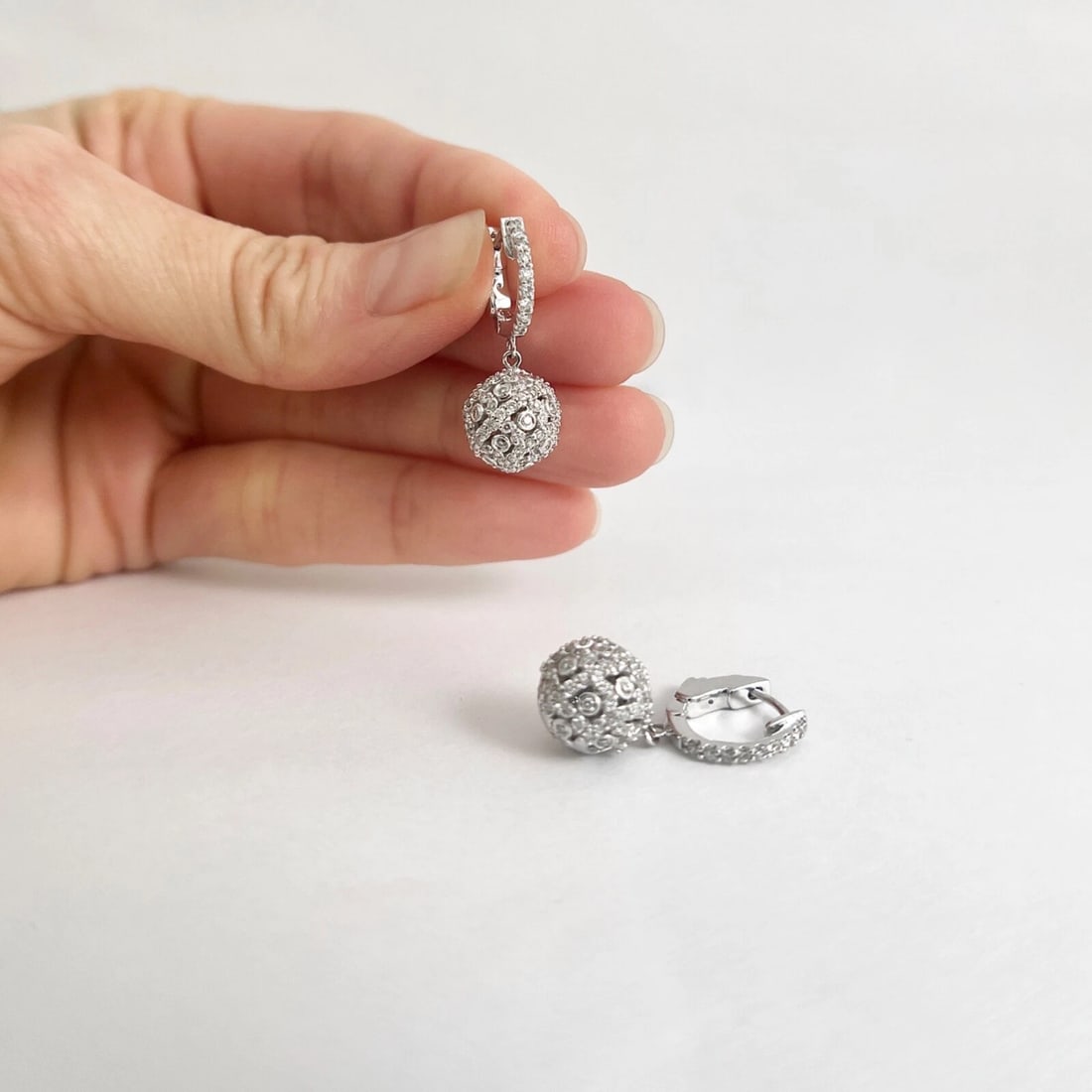 Pave Diamond Filigree Ball Dangle Drop Earrings 14K White Gold, 1 Inch, 1.20 CTW - 3