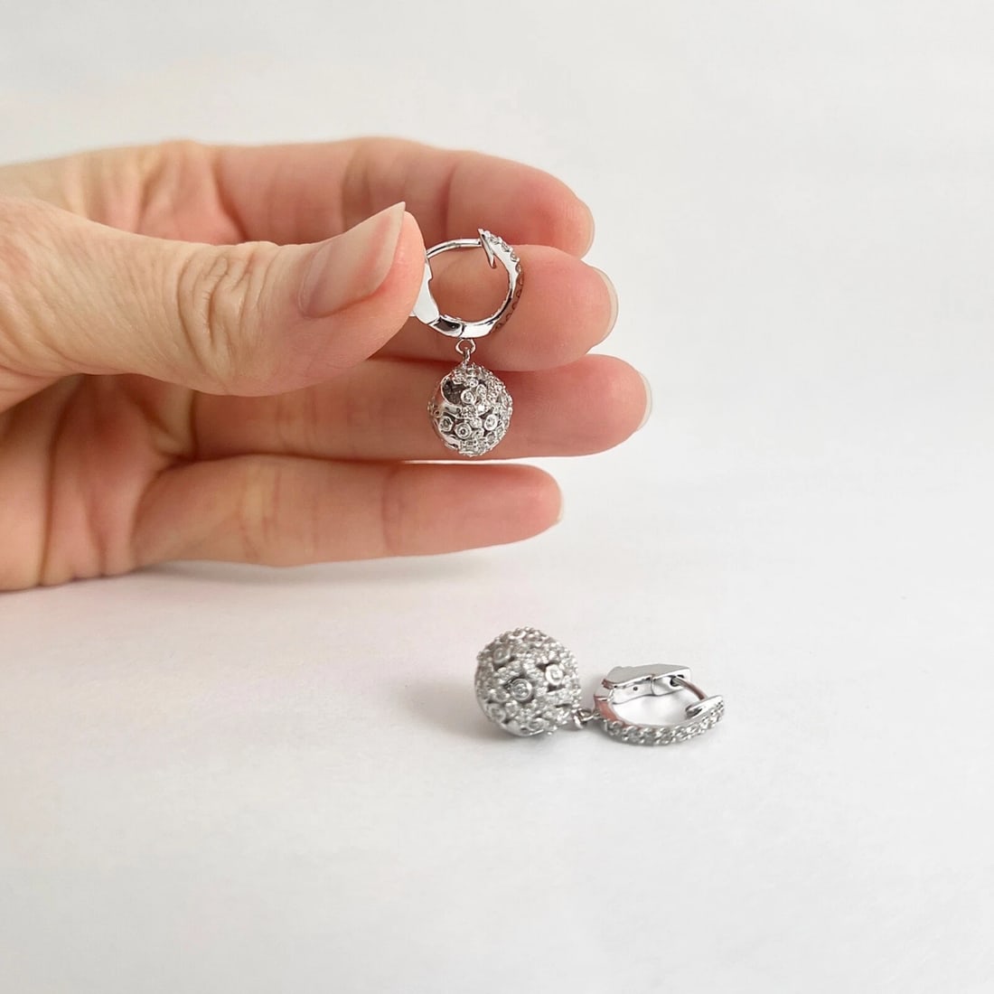 Pave Diamond Filigree Ball Dangle Drop Earrings 14K White Gold, 1 Inch, 1.20 CTW - 4