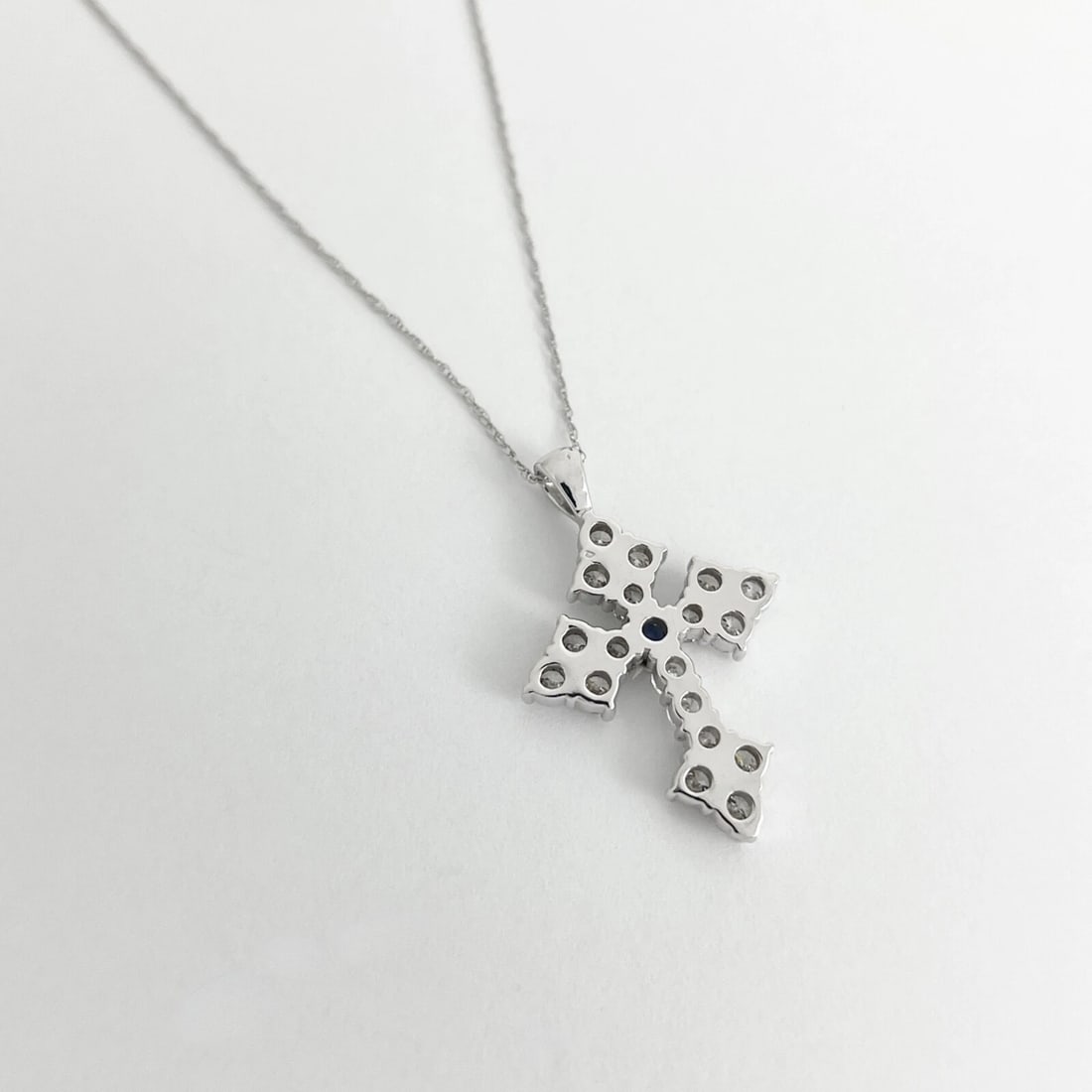 Blue Sapphire Cluster Diamond Cross Pendant Necklace 14K White Gold, 2.26 CTW - 6