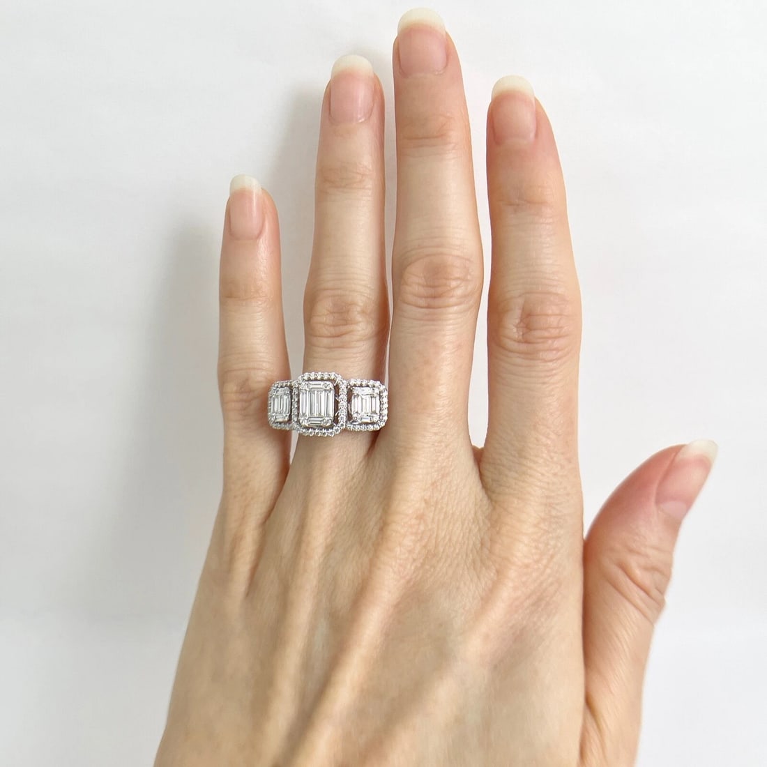 3-Stone Rectangle Diamond Cluster Halo Ring 14K White Gold, 1.65 CTW - 2