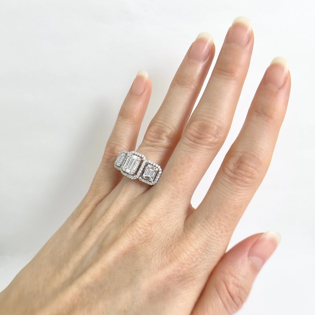 3-Stone Rectangle Diamond Cluster Halo Ring 14K White Gold, 1.65 CTW - 4