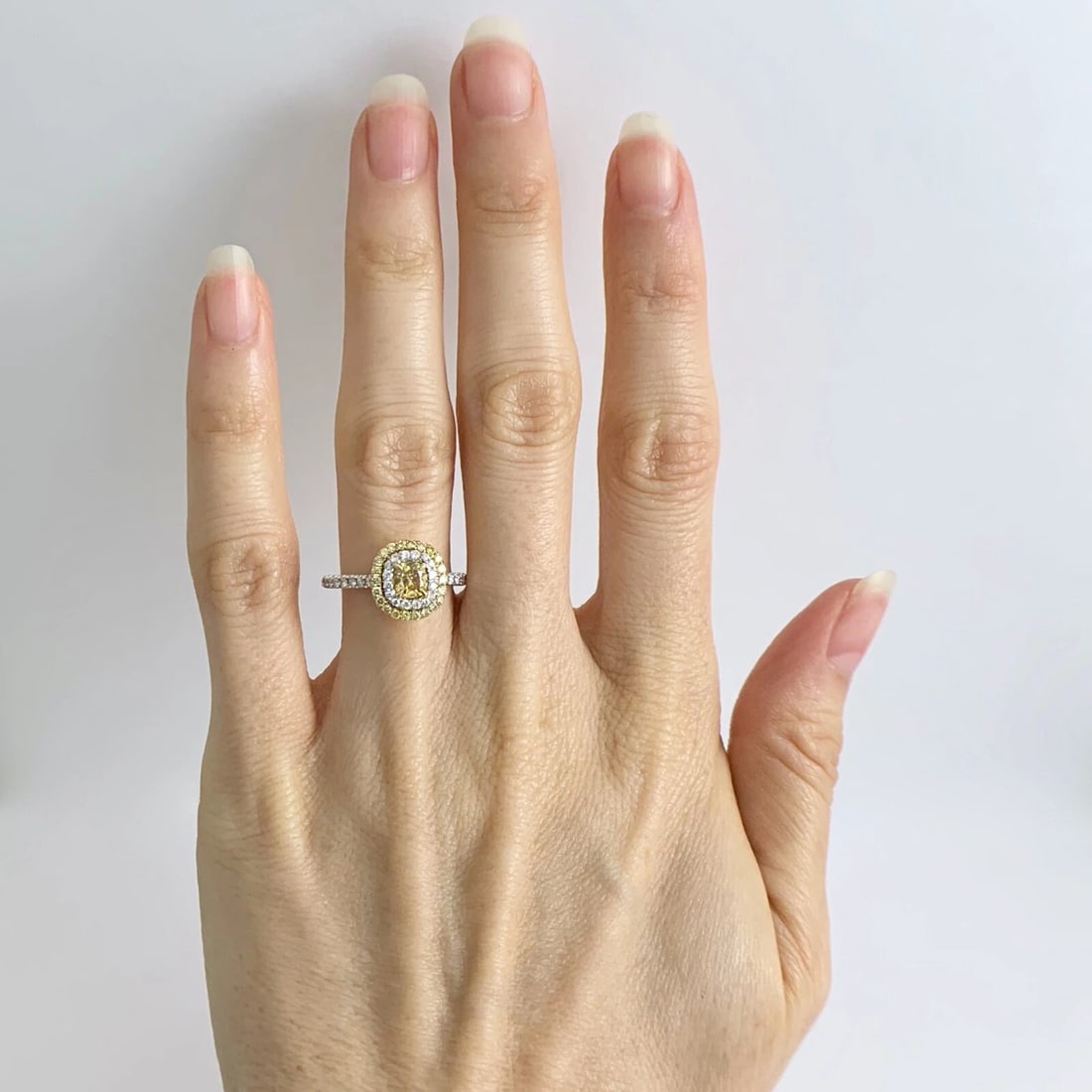 Fancy Orange Yellow Cushion Diamond Double Halo Ring 18K White Gold .87 CTW - 2