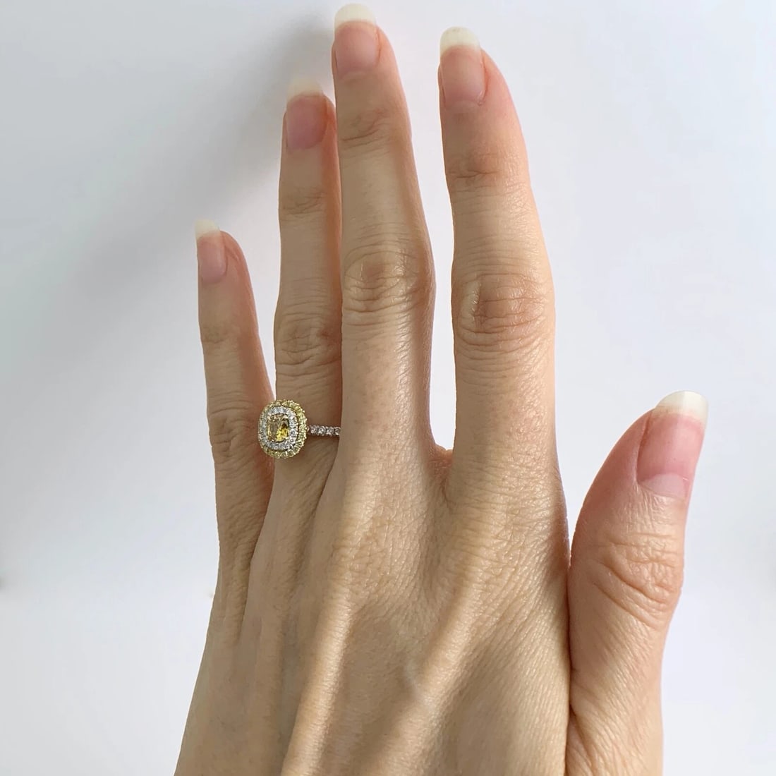 Fancy Orange Yellow Cushion Diamond Double Halo Ring 18K White Gold .87 CTW - 4