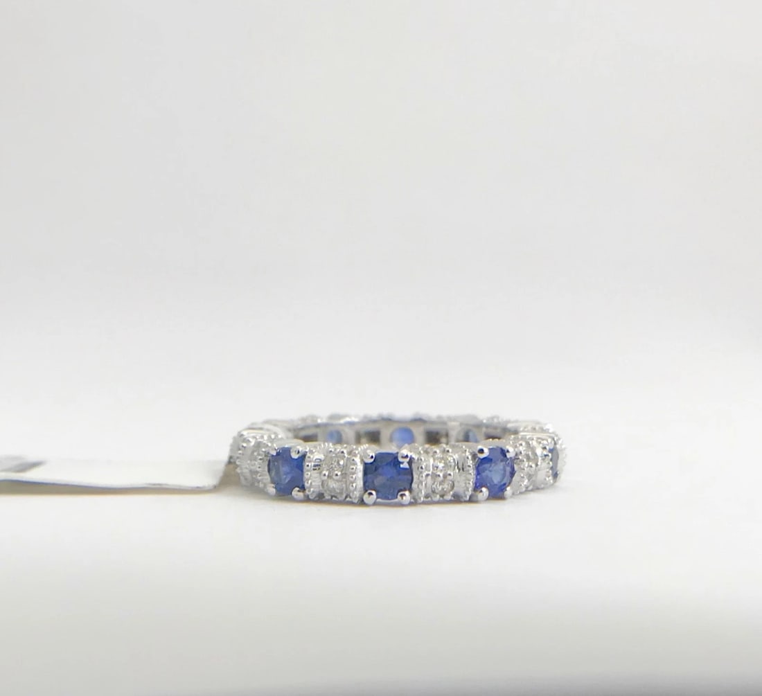Blue Sapphire and Diamond Eternity Band Ring 14K White Gold, 1.30 CTW, Size 4.75 - 9