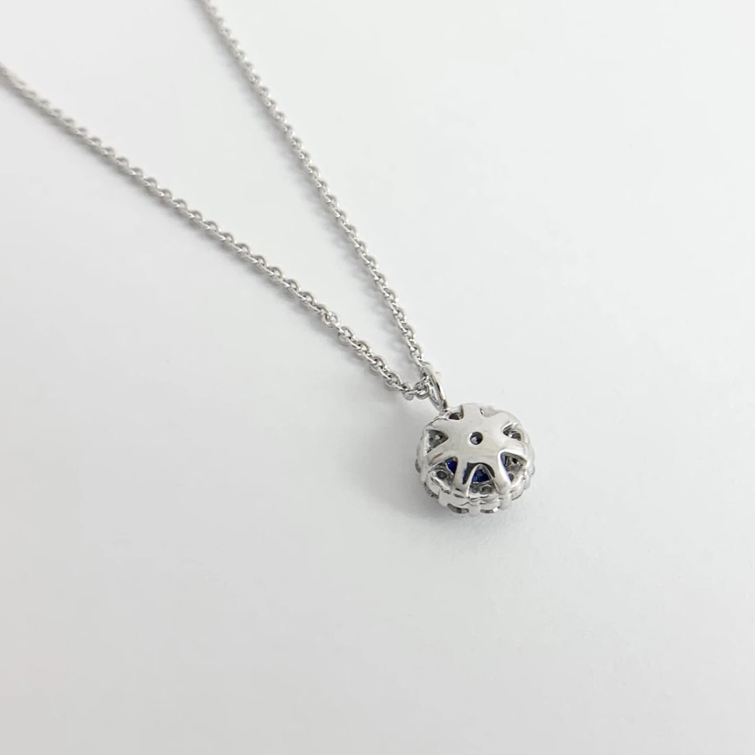 Round Blue Sapphire Diamond Halo Pendant Necklace 14K White Gold .86 CTW - 8