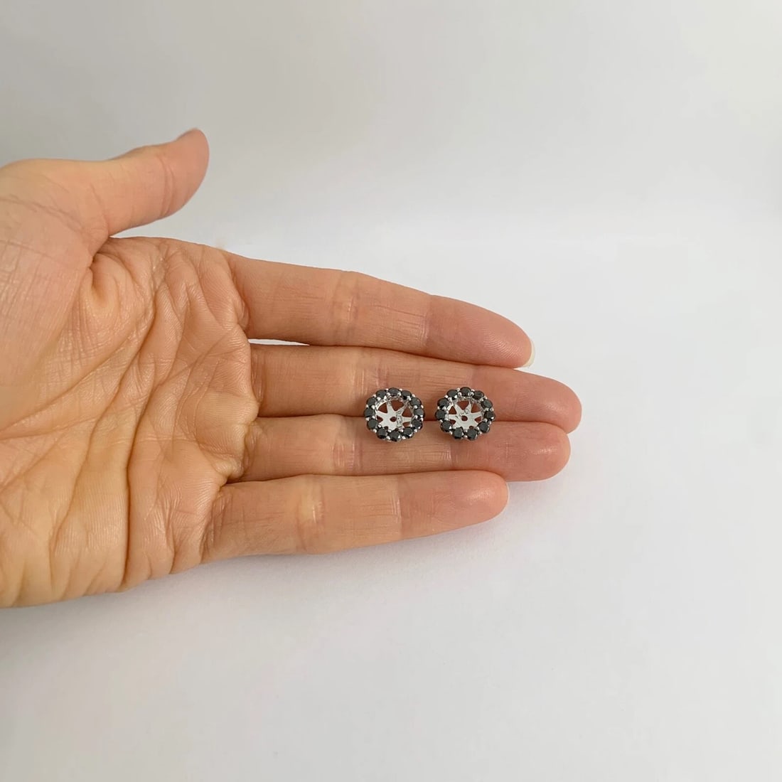 Black Diamond Halo Earring Jackets Enhancers 14K White Gold for 1.50 CTW Studs - 2