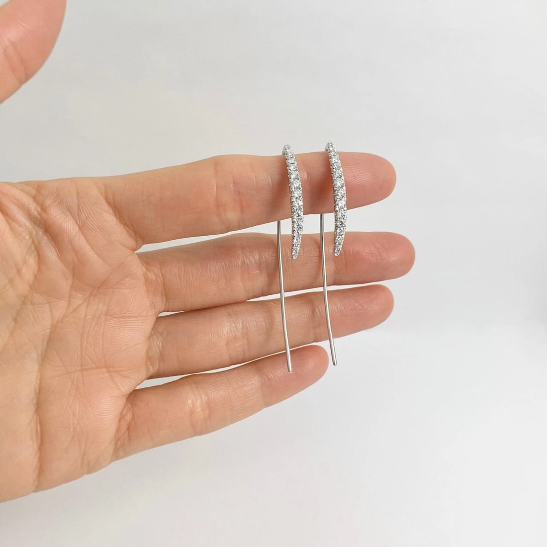 Long Diamond Drop Hook Earrings 18K White Gold .76 CTW - 2