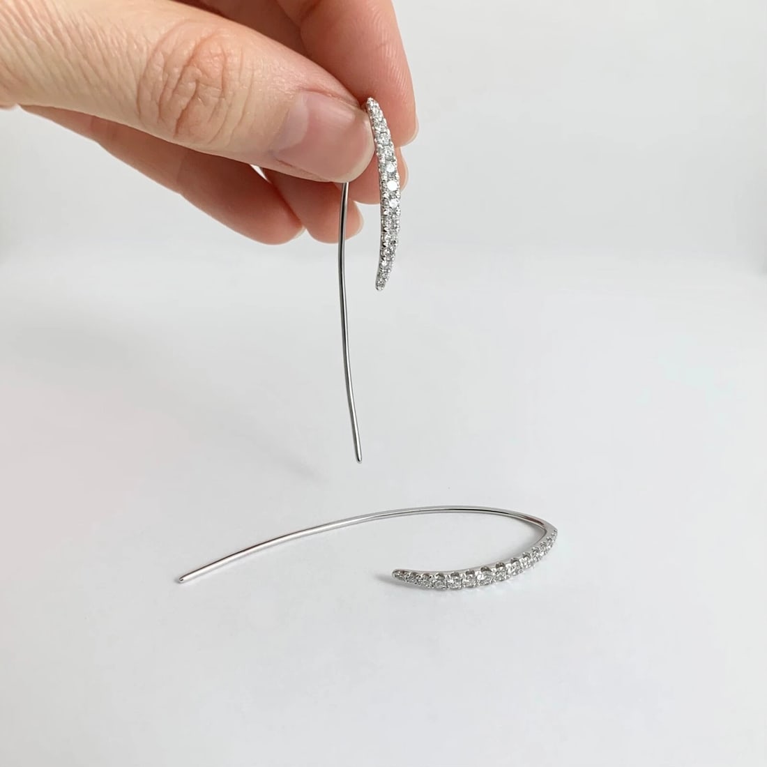Long Diamond Drop Hook Earrings 18K White Gold .76 CTW - 5