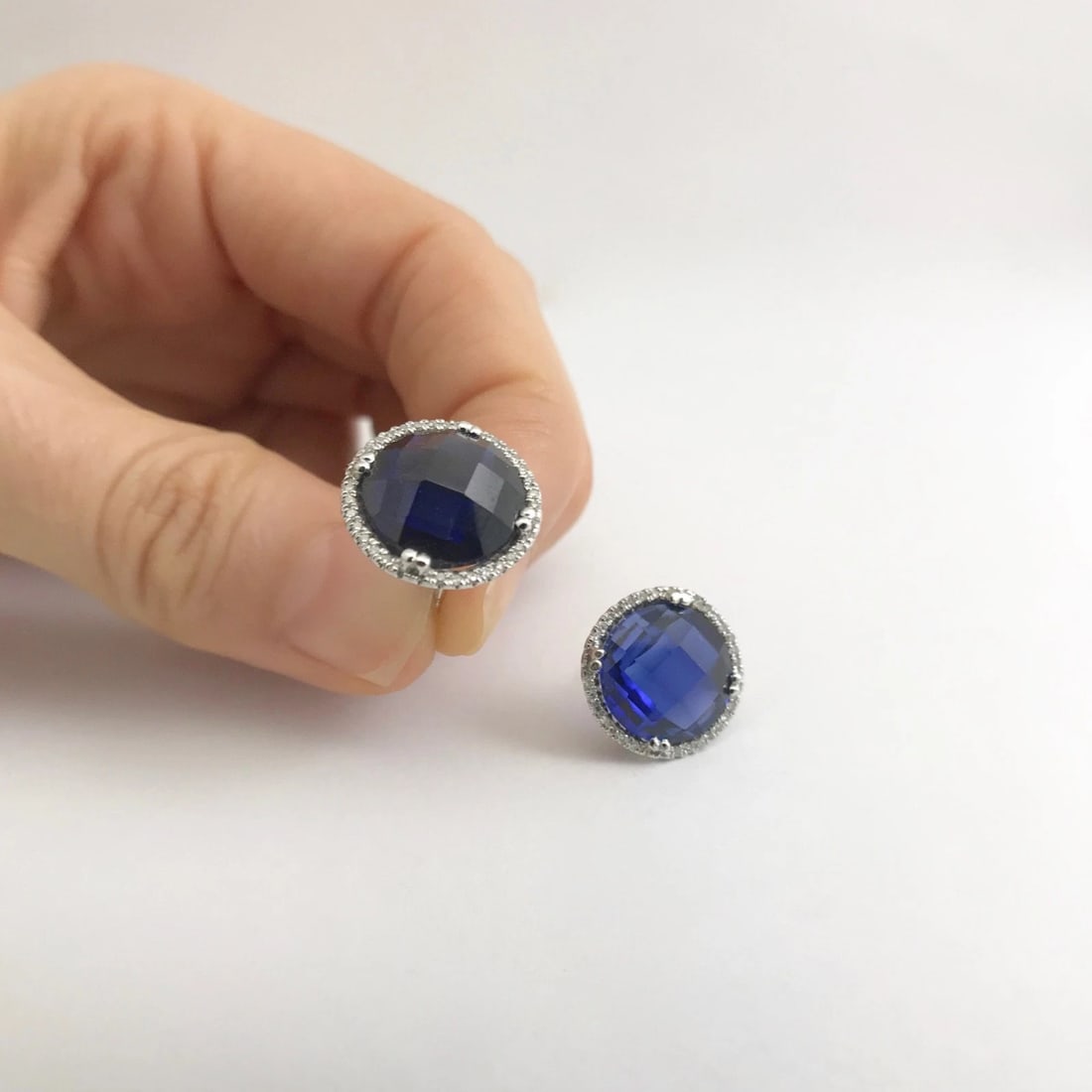 Blue Quartz Diamond Halo Gemstone Stud Earrings 14K White Gold, 12.27 CTW - 4