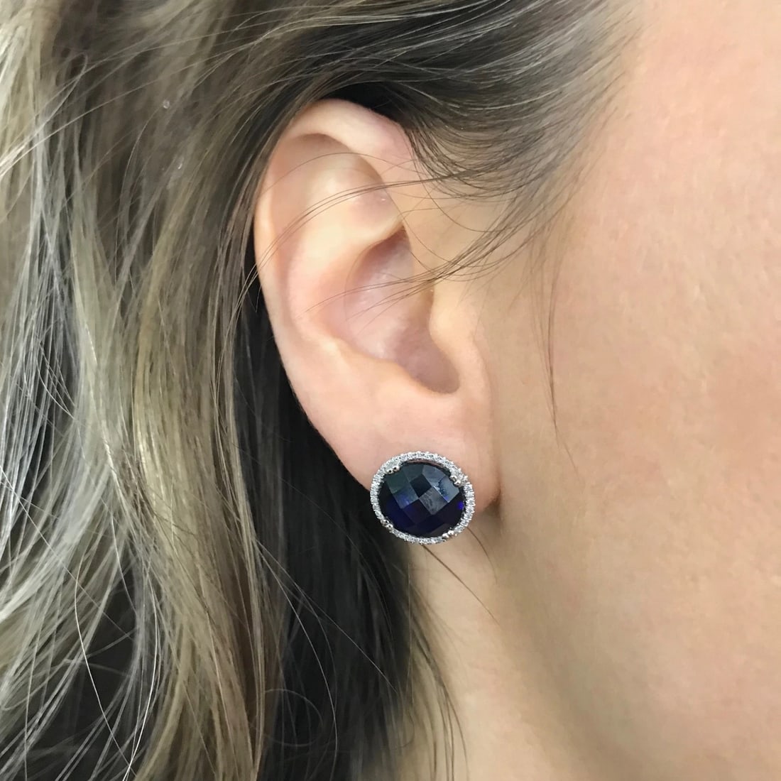 Blue Quartz Diamond Halo Gemstone Stud Earrings 14K White Gold, 12.27 CTW - 5
