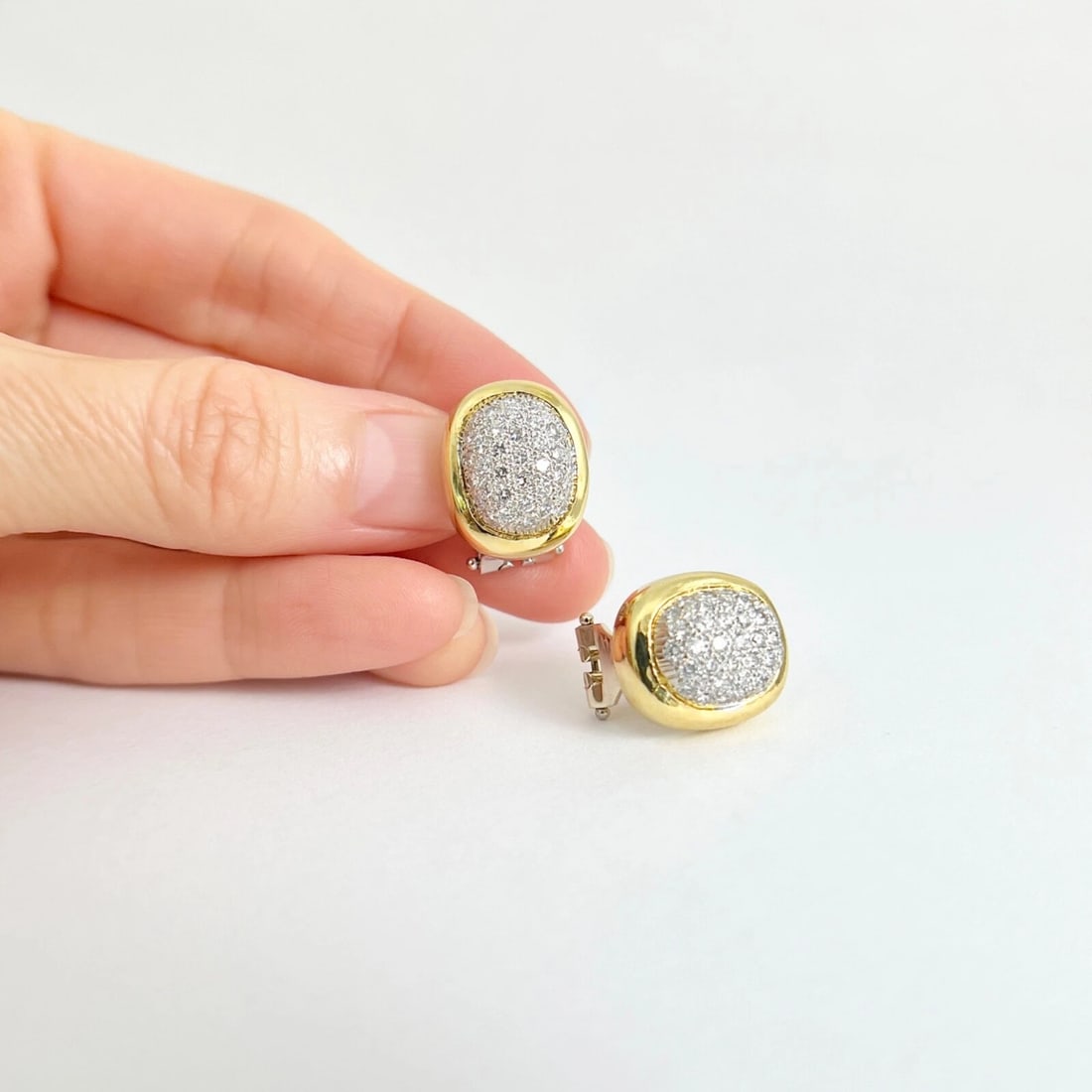 Oval Pave Diamond Dome Drop Stud Earrings 18K Yellow Gold, 1.05 CTW - 2