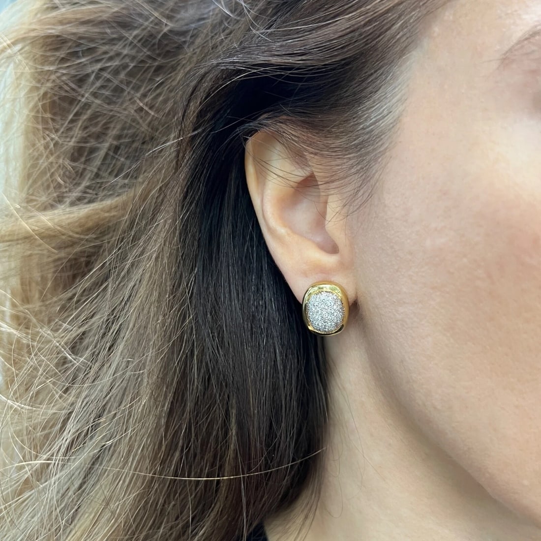 Oval Pave Diamond Dome Drop Stud Earrings 18K Yellow Gold, 1.05 CTW - 3