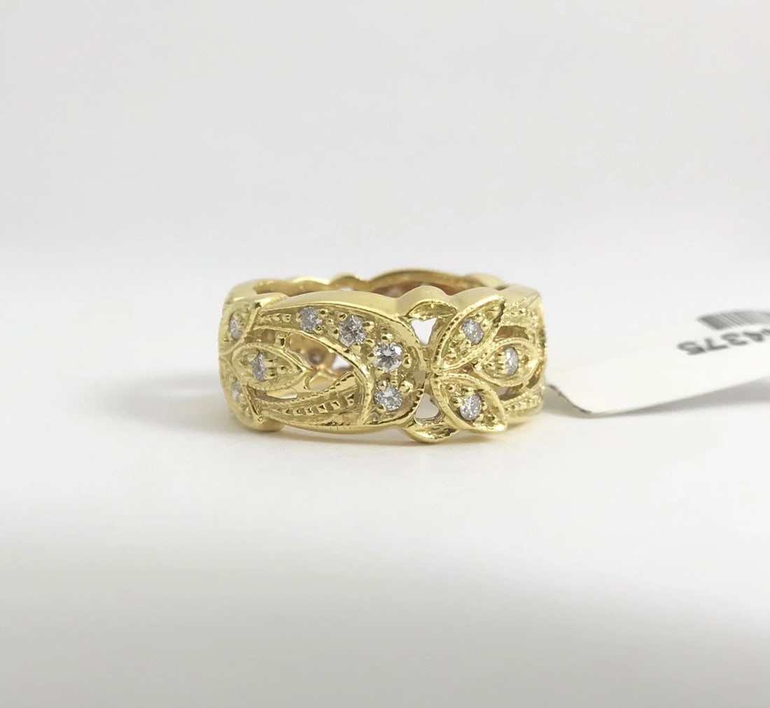 Wide Flower Filigree Diamond Band Ring 18K Yellow Gold, Size 6, 7.88 Grams - 12