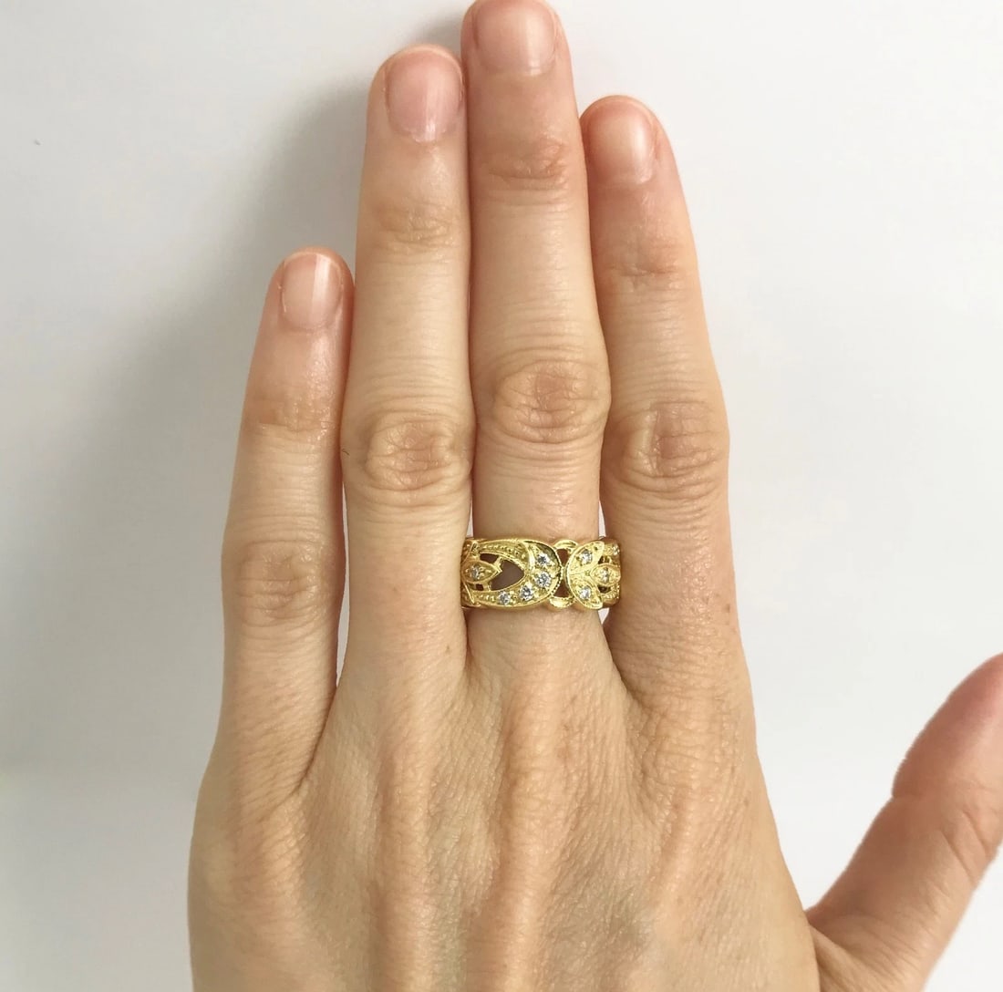 Wide Flower Filigree Diamond Band Ring 18K Yellow Gold, Size 6, 7.88 Grams - 2
