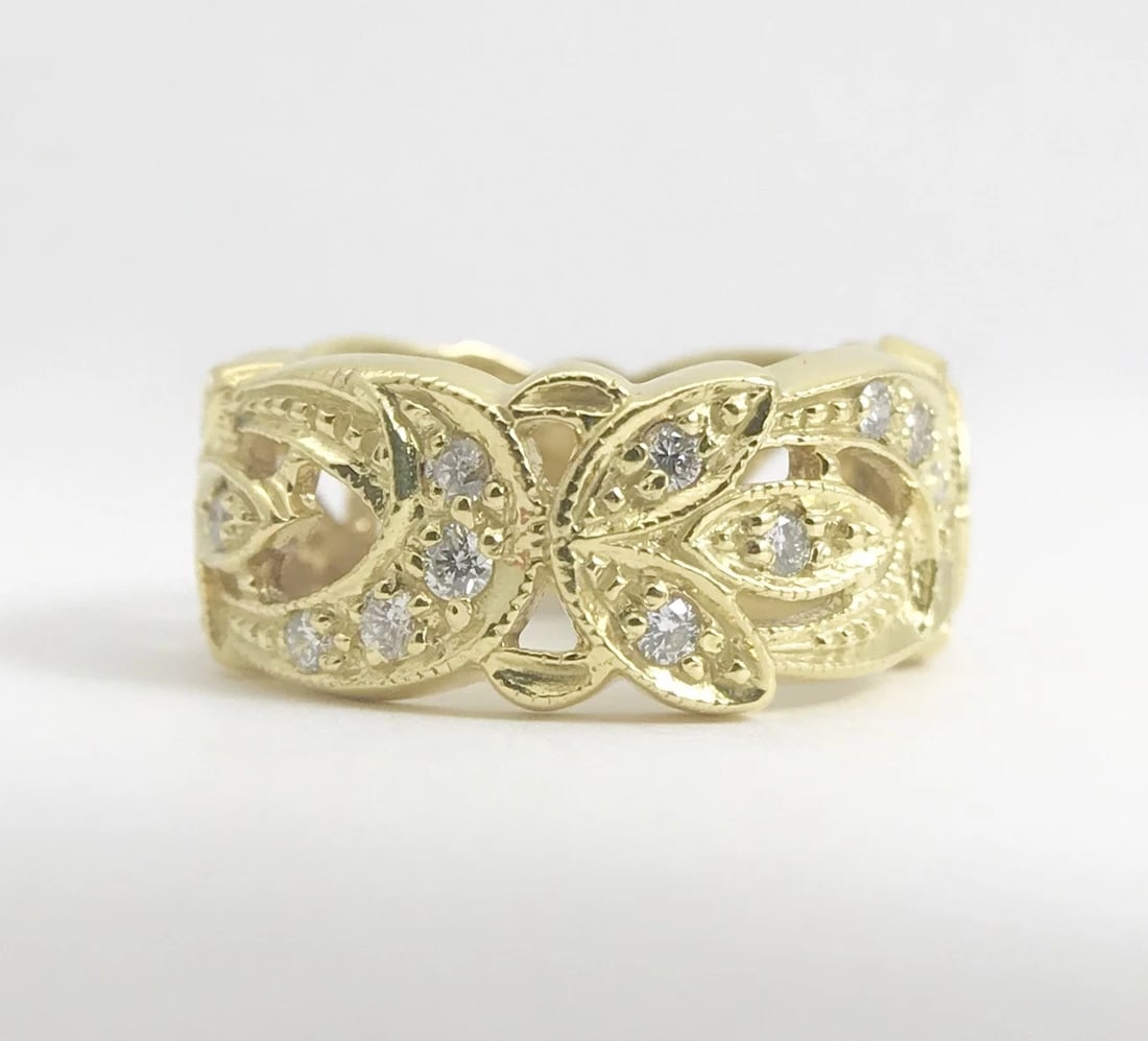 Wide Flower Filigree Diamond Band Ring 18K Yellow Gold, Size 6, 7.88 Grams - 8