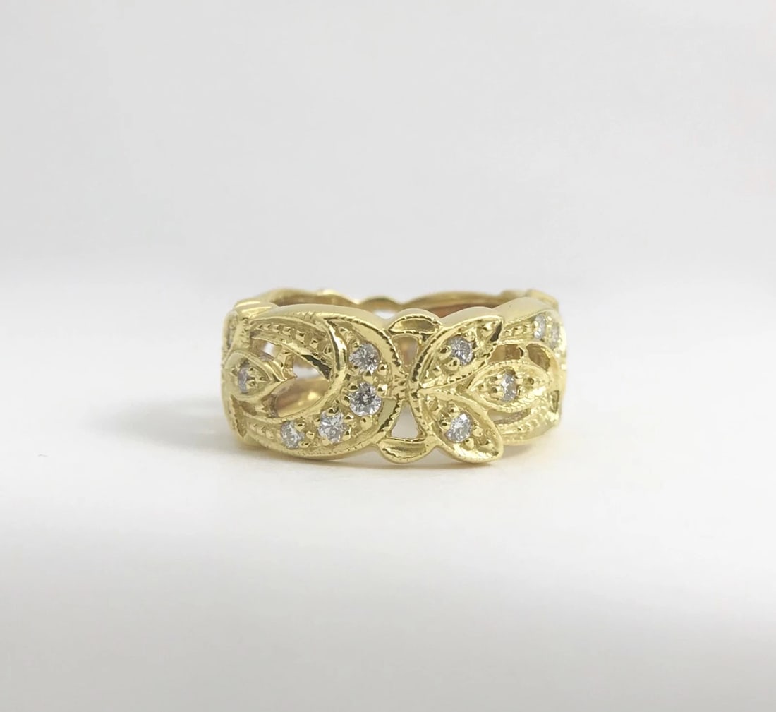 Wide Flower Filigree Diamond Band Ring 18K Yellow Gold, Size 6, 7.88 Grams - 9