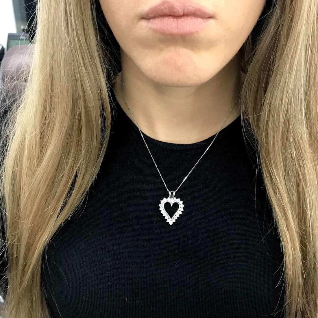 Diamond Open Heart Pendant Necklace 14K White Gold, 1.20 CTW, 6.08 Grams - 4