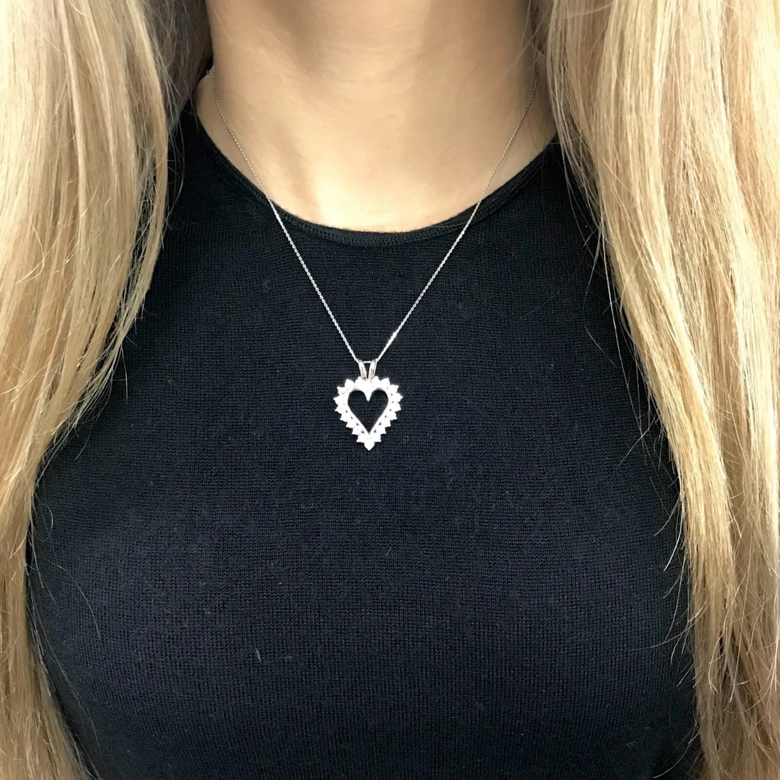 Diamond Open Heart Pendant Necklace 14K White Gold, 1.20 CTW, 6.08 Grams - 5