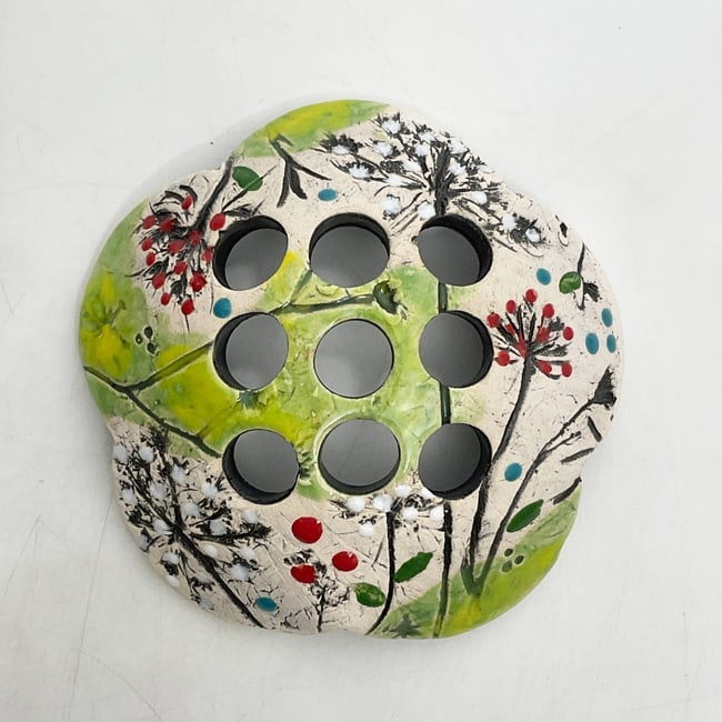 Signed Handcrafted Art Pottery Flower Frog: Date/Period: contemporary Dimension: --- Material: pottery Additional Information: Signed Handcrafted Art Pottery Flower Frog Crafted by Walton Clay Studio Shipping: Domestic: Flat-rate of $8.00 to